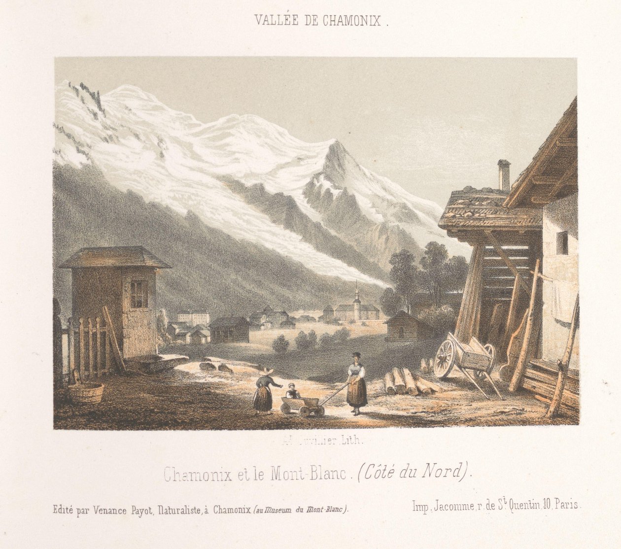 Zicht op de valley van Chamonix vanaf de pas Les Montées Bejárat a Chamonix-völgybe a Montées-nál (cím az objektumon) Herinnering in Chamonix-Mont-Blanc (sorozat címe) Mont-Blanc Múzeum (a sorozat címe a tárgyon) alkotó: Ad. Cuvillier