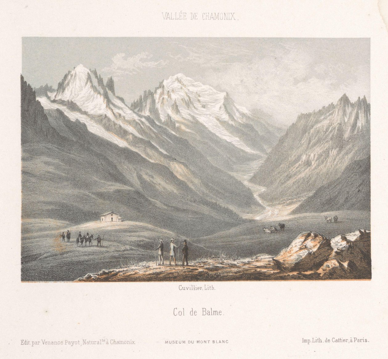 Kilátás Les Planards falujára a Montenvers felé vezető úton Les Planaz, chemin du Montanvert (cím a tárgyon) Chamonix-Mont-Blanc emléke (sorozat címe) Museum du Mont Blanc (sorozat címe) alkotó: Ad. Cuvillier