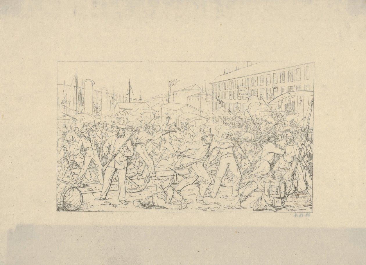 Csata Baltimore-ban, 1861. április 19. a Konföderációs háborús rézkarcokból, 1861-63. alkotó: Adalbert John Volck