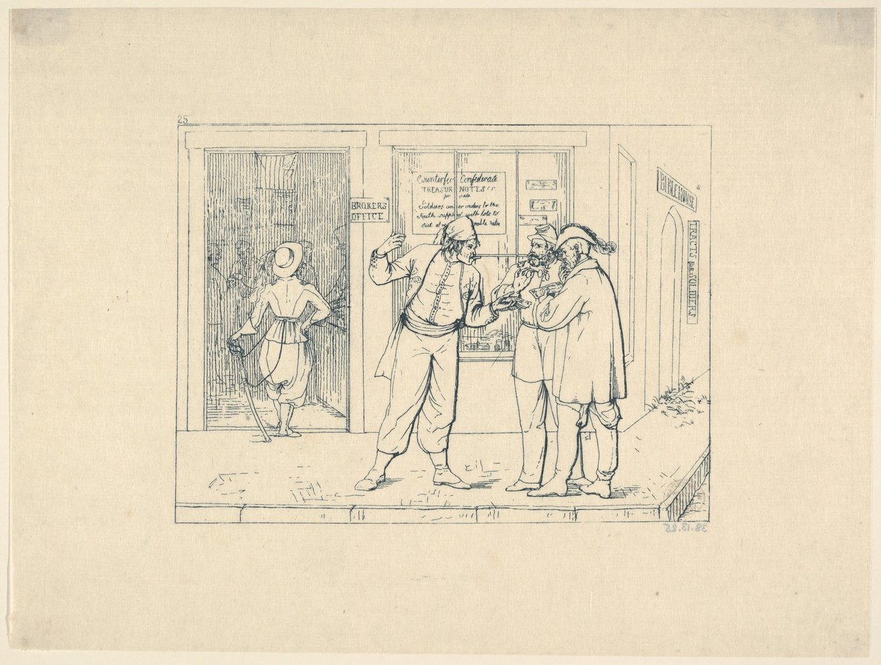 Hamisított konföderációs bankjegyek nyilvánosan eladásra kínálva a Testvéri Szeretet városában..., 1861-63. alkotó: Adalbert John Volck