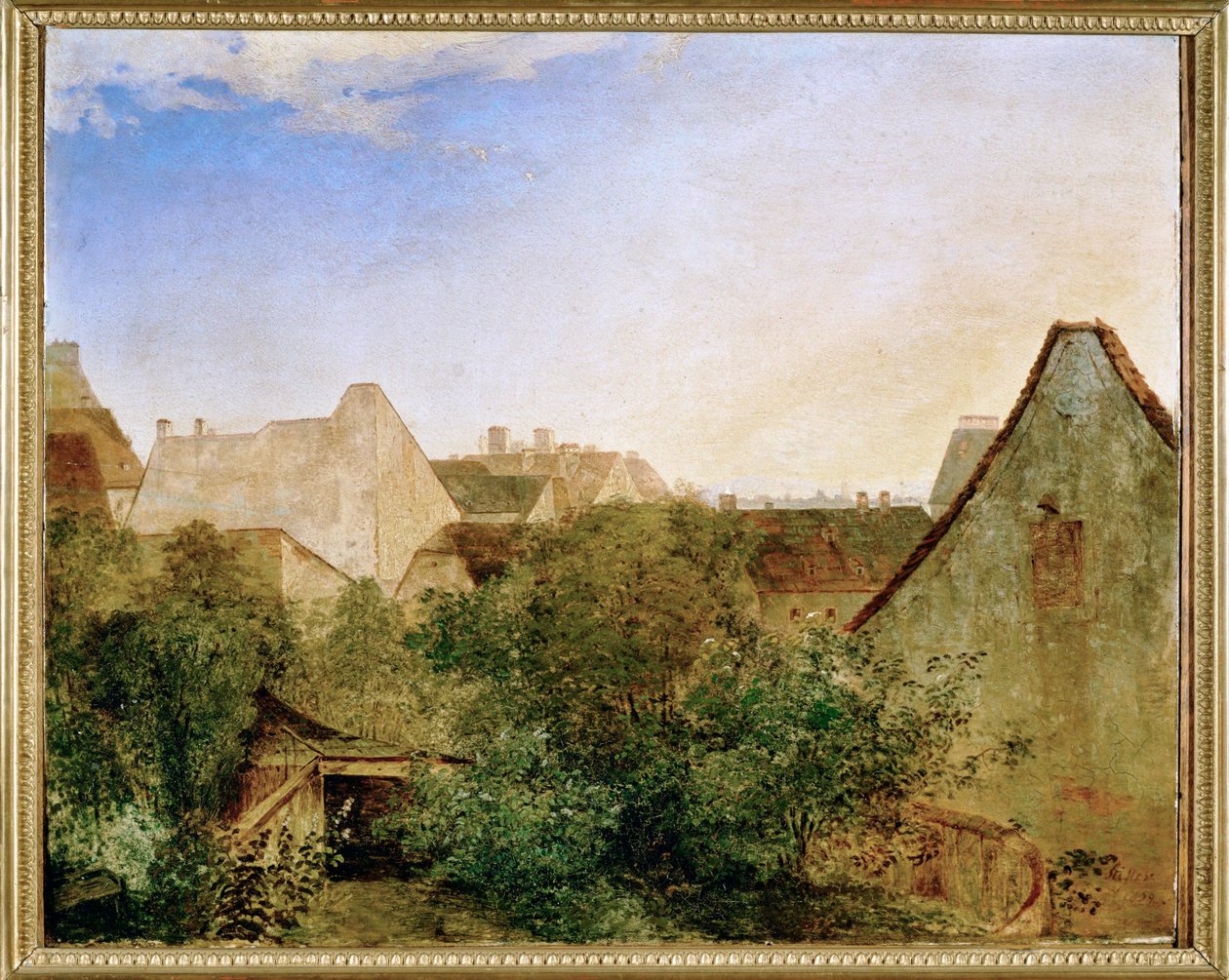Blick über Wiener Vorstadthaeuser - A view across Vienna suburbs ... (festmény, fa) alkotó: Adalbert Stifter