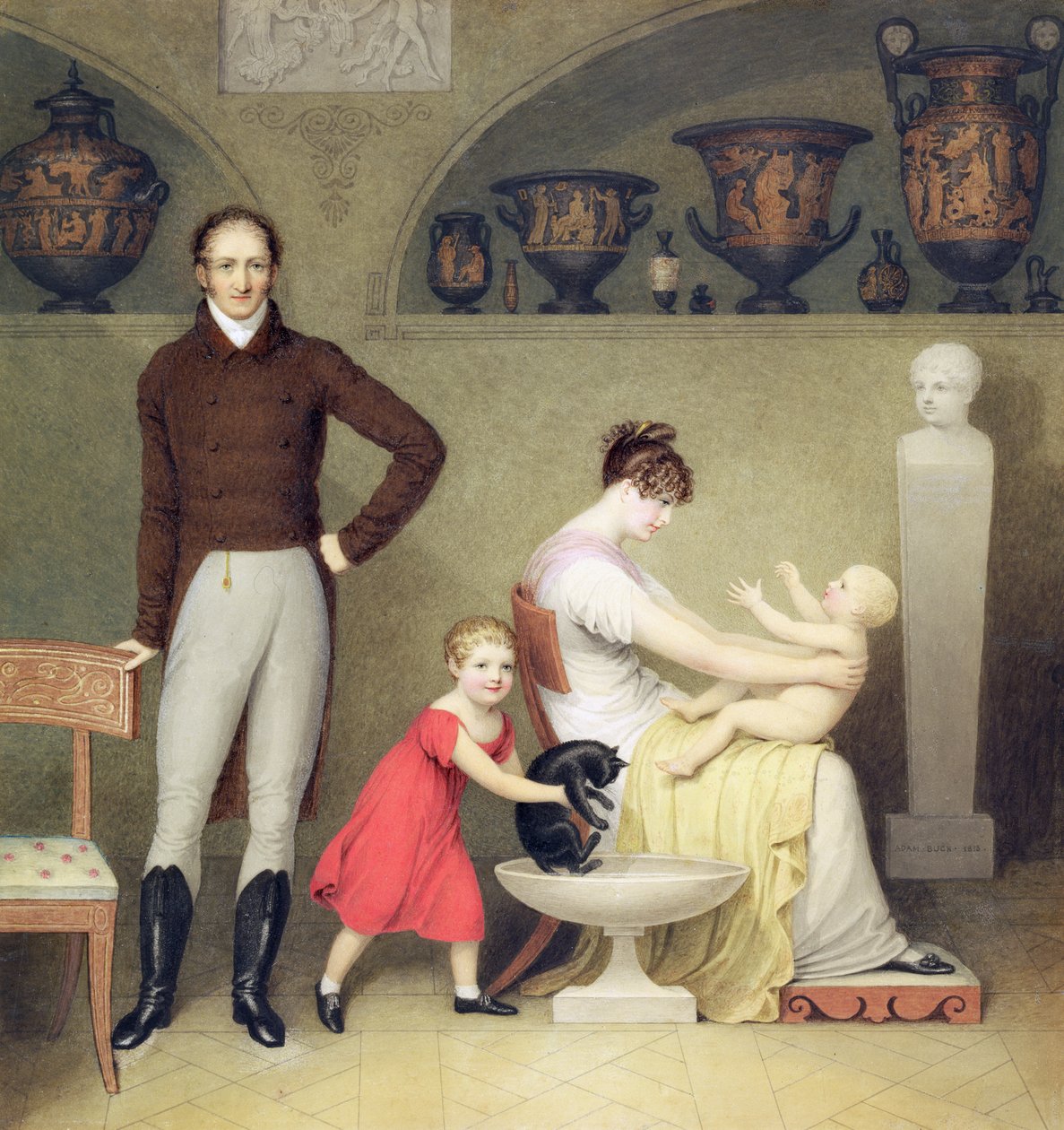 A művész és családja, 1813 (wc és grafit a kártyán) alkotó: Adam Buck