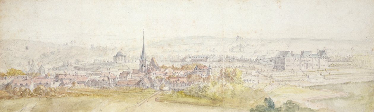 Távoli kilátás egy városra, jobb oldalon egy kastély (wc és grafit papíron) alkotó: Adam Frans van der Meulen