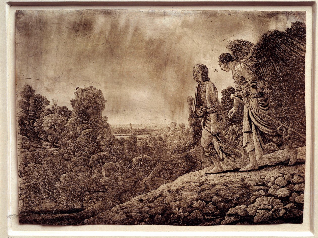 Tobie és az angyal. Erős víz rézön, Hercules Seghers (1590-1638) alkotó: Adam (after) Elsheimer