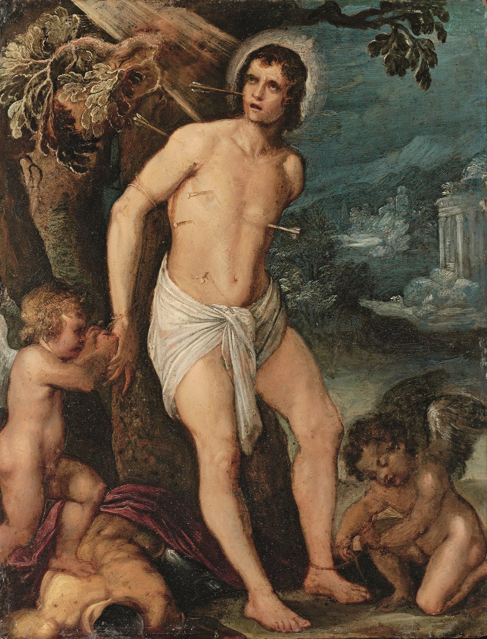 Szent Sebestyén angyalok jelenléte (olaj, réz) alkotó: Adam (circle of) Elsheimer