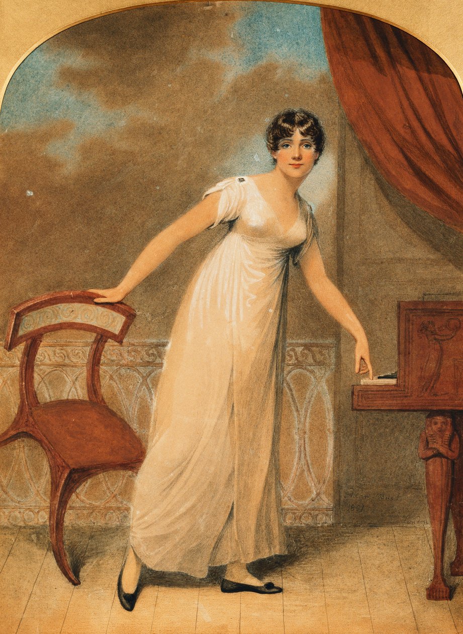 Egy hölgy portréja, fehér ruhában, zongora mellett, 1801 alkotó: Adam Buck