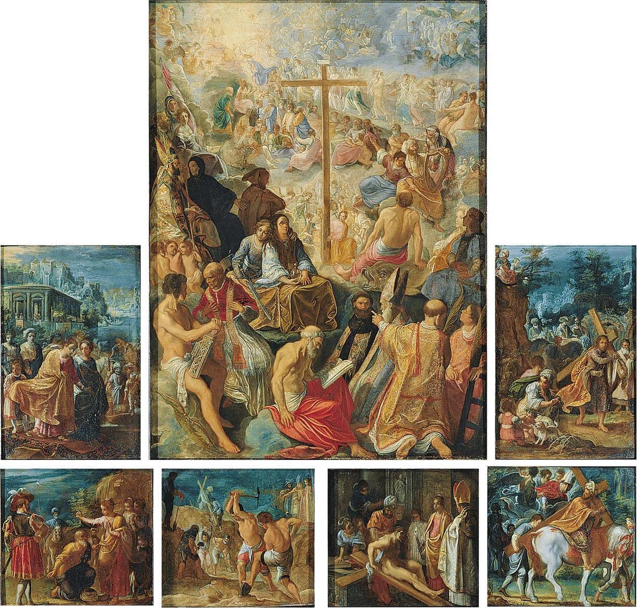 Németül: Der Frankfurter Kreuzaltar (Die Auffindung und Verherrlichung des Wahren Kreuzes) A frankfurti Szent Kereszt oltárkép (Die Auffindung und Verherrlichung des Wahren Kreuzes) alkotó: Adam Elsheimer