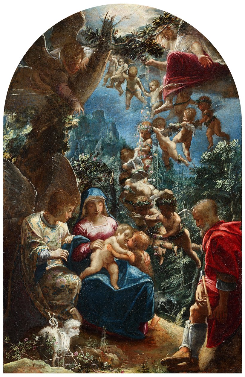 Olasz: sacra famiglia con san giovannino e un angelo A Szent Család Keresztelő Szent János csecsemővel és angyalokkal. alkotó: Adam Elsheimer