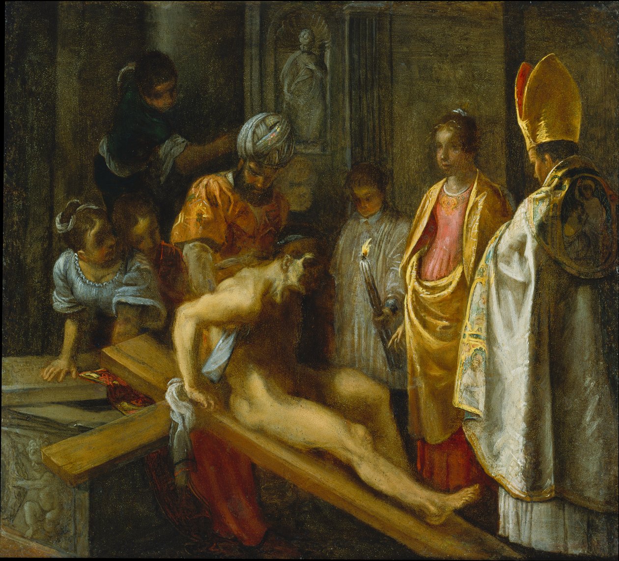 A valódi kereszt felmagasztalásának frankfurti oltárképe: A kereszt próbája (középen jobbra) alkotó: Adam Elsheimer