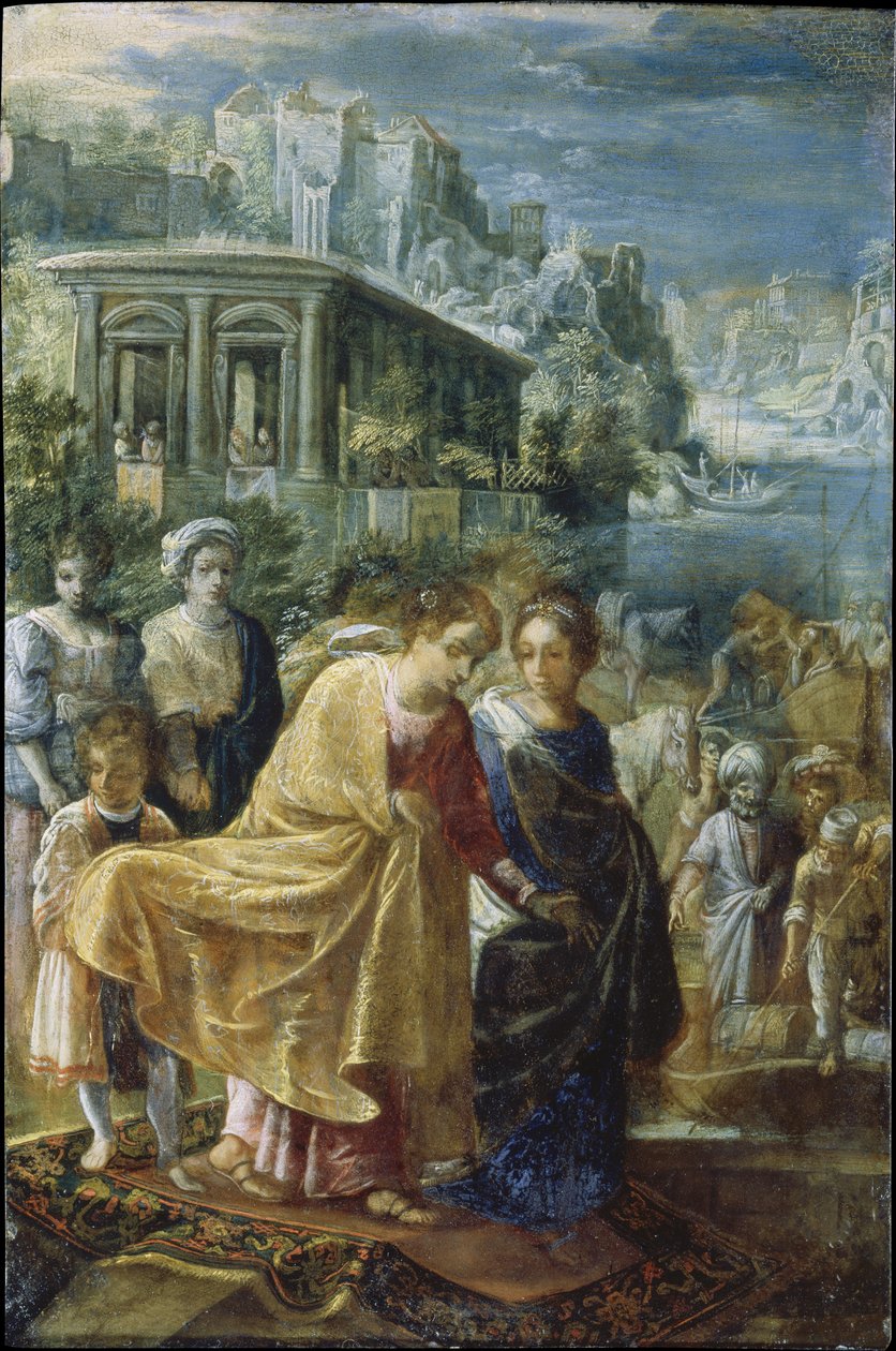 A Szent Kereszt felmagasztalásának frankfurti oltárképe: Heléna császárné behajózása (balra) alkotó: Adam Elsheimer