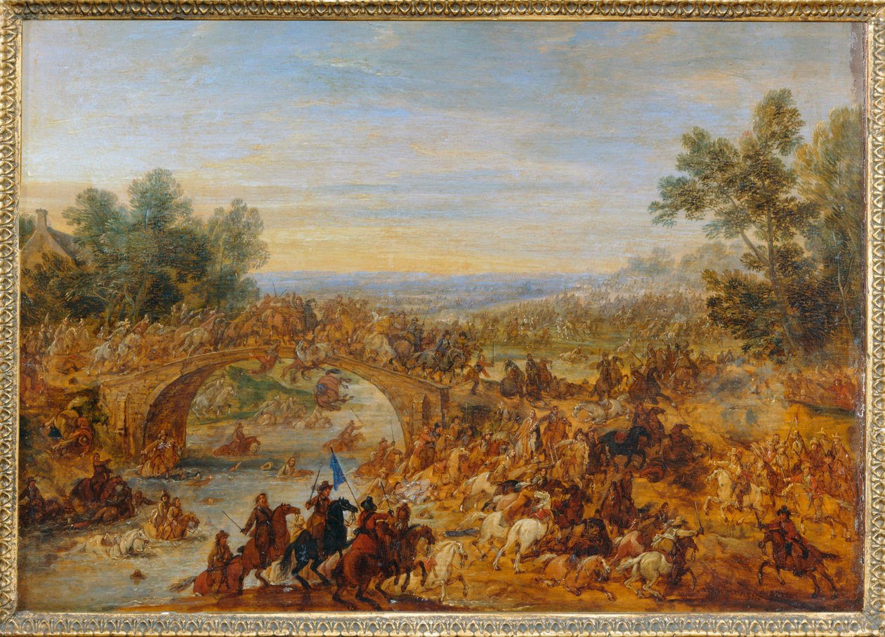 Lovassági harcok egy hídon való átkelés közben ... alkotó: Adam Frans van der (circle of) Meulen