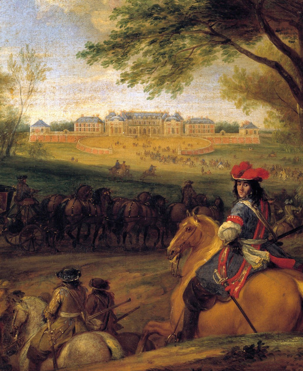 XIV. Lajos király (1638-1715) érkezése megelőzi a testőrséget, tekintettel a régi versailles-i várra 1669-ben Adam Franz Van der Meulen (1632-1690) festménye 1669 körül V. 0,56x0,56 m alkotó: Adam Frans van der Meulen