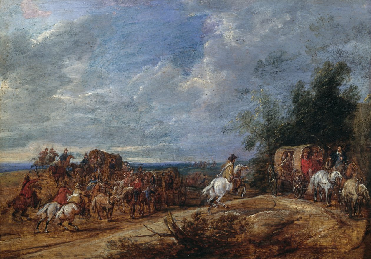 Brigandok támadják meg a kocsikat, Adam Frans van der Meulen festménye alkotó: Adam Frans van der Meulen