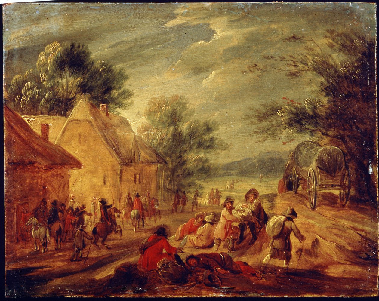 Lovasok megtámadnak egy falut. Adam Frans van der Meulen (1632-1690) festménye. Olaj, fa. Flamand művészet, barokk stílus. Puskin Szépművészeti Múzeum, Moszkva. alkotó: Adam Frans van der Meulen