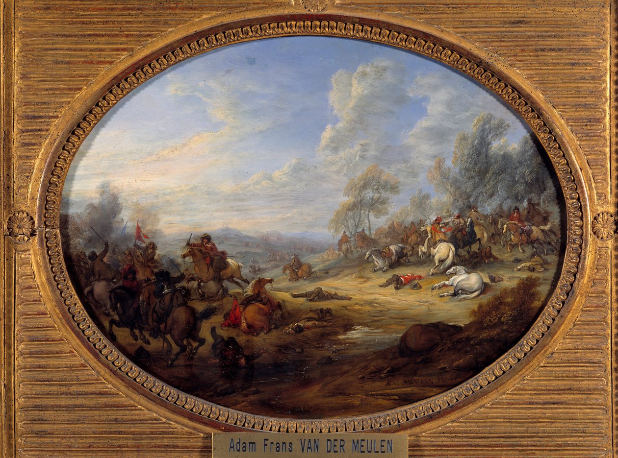 Lovassági sokk Egy csata XIV. Lajos uralma alatt. Adam Van der Meulen (1632-1690) festménye V. 0,2x0,27 m alkotó: Adam Frans van der Meulen