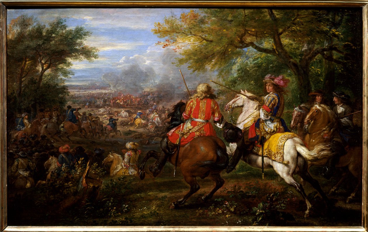 1667. augusztus 31-én legyőzte a spanyol hadsereget a Brugge-csatorna közelében. XIV. Lajos francia királyt fehér lovon tábornokai: Francois de Crequy (1629-1687) és II. Lajos Bourbon-Conde-i (Bourbon Conde) herceg veszi körül. ) a Grand Conde (16 alkotó: Adam Frans van der Meulen