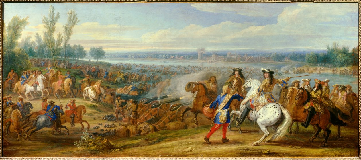 Holland háború: „” a Rajna átkelőhelye 1672. 06. 12-én” XIV. Lajos király (1638-1715) és II. Bourbon Lajos, Conde hercege (Bourbon-Conde) (Grand Conde) (1621-) seregei 1686) áthalad a Rajnán Tolhuisba. Adam Frans van der Meulen (1632-1690) festménye alkotó: Adam Frans van der Meulen