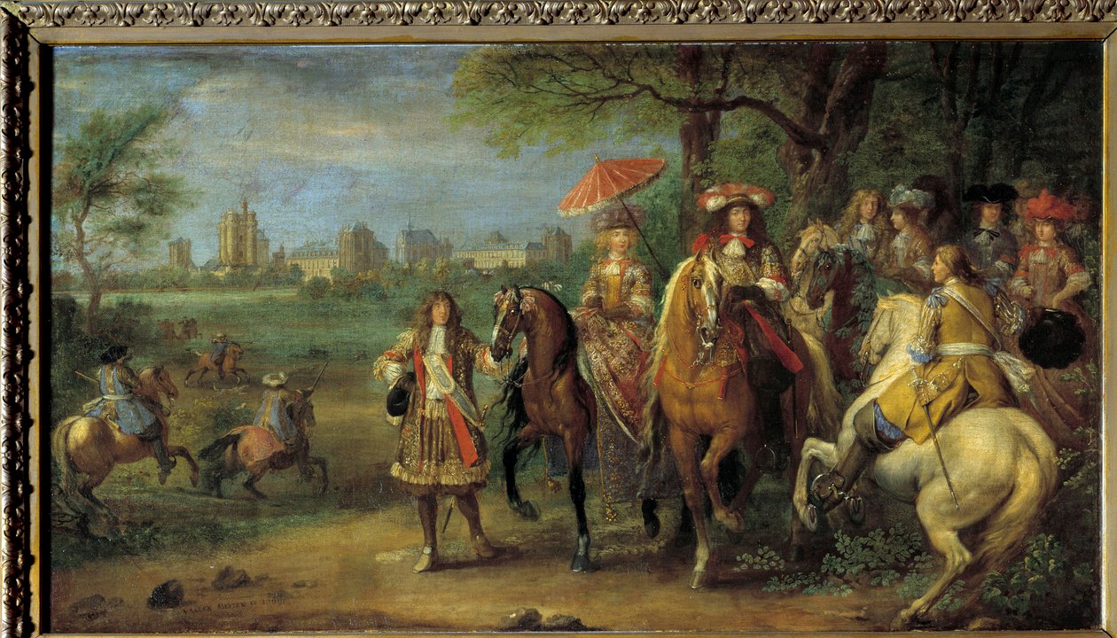 XIV. Lajos király (1638-1715) és Marie Teréz osztrák királynő (1638-1683) Vincennes vára előtt sétálnak 1669-ben Adam Frans Van der Meulen (1632-1690) festménye alkotó: Adam Frans van der Meulen