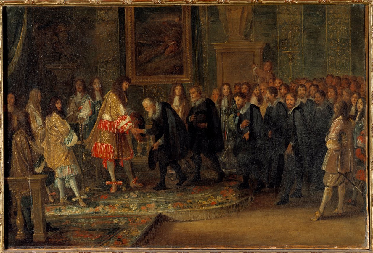 XIV. Lajos király svájci nagyköveteket fogad a Louvre-ban 1663.11.11. Adam Van der Meulen (1632-1690) festménye 1664 V. 0,44x0,66 m alkotó: Adam Frans van der Meulen