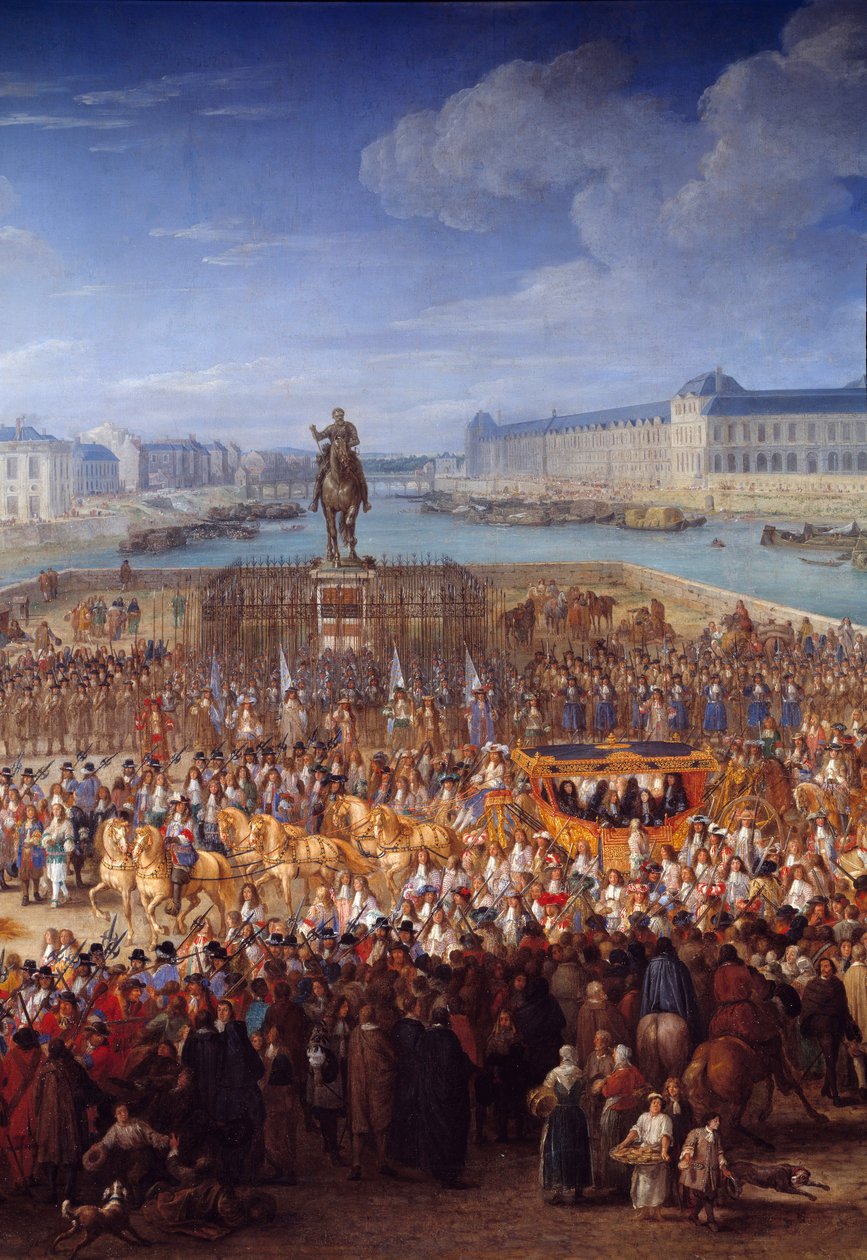 Királyi hintó. XIV. Lajos (1638-1715) központi részlete, amint átkel a Pont Neuf hintóján. Adam Francois Van Der Meulen (1632-1690) festménye alkotó: Adam Frans van der Meulen