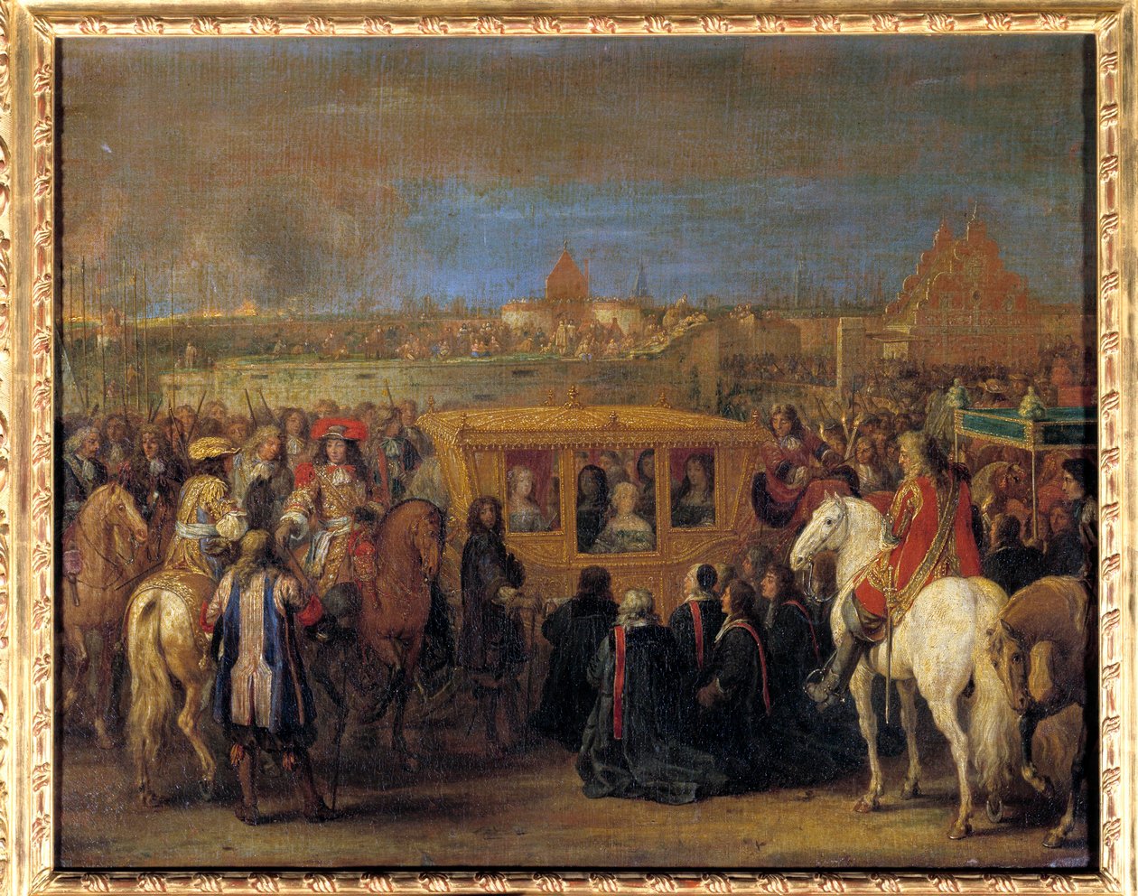 XIV. Lajos király (1638-1715) és Mária Teréz osztrák királynő ünnepélyes bevonulása Douaiba 1667.08.23-án (a hintóján ülő királynő a város dinginjei jutalmát kapja szuzerénként) Adam Frans Van festménye der Meulen (1632-1690). 1667 körül alkotó: Adam Frans van der Meulen