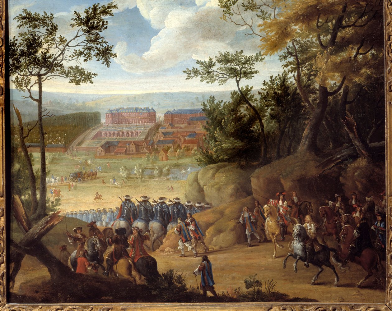 Versailles látképe 1664-ben XIV. Lajos francia királlyal (1638-1715) és egy csapat testőrrel. Adams Frans Van der Meulen (1632-1690) festménye alkotó: Adam Frans van der Meulen