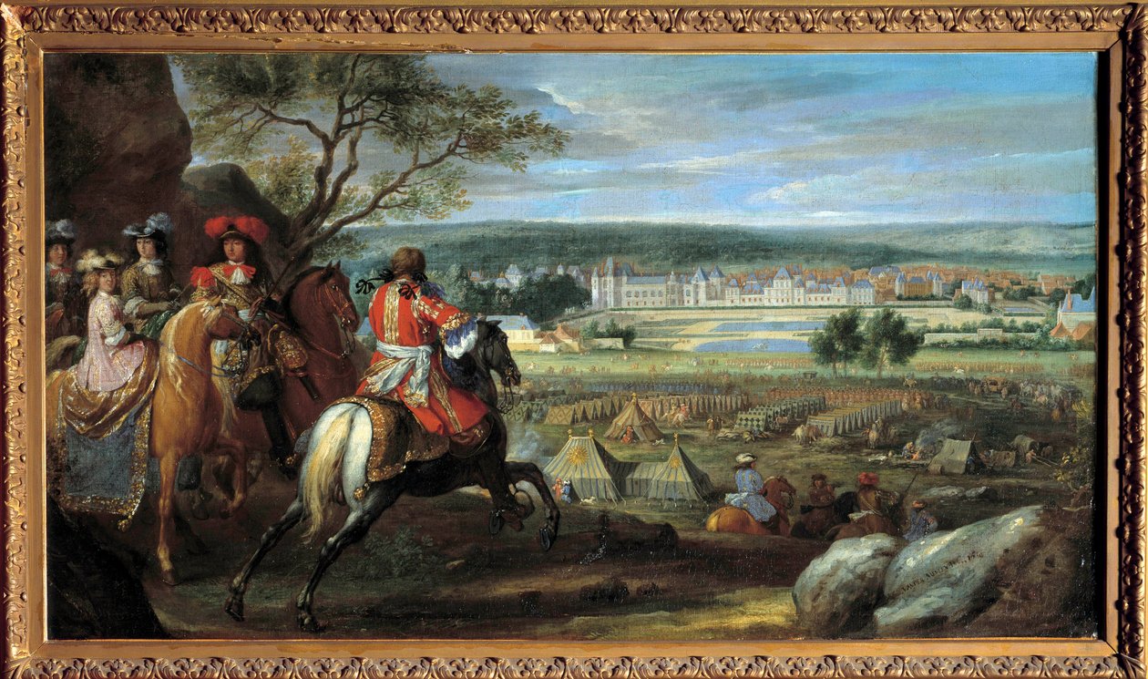 Fontainebleau kastélyának kilátása 1669-ben, XIV. Lajossal (1638-1715) és Ausztriai Mária Teréziával (1638-1683) Adam Frans van der Meulen (1632-1690) festménye 1669 V. 0,53x0,95 m. alkotó: Adam Frans van der Meulen