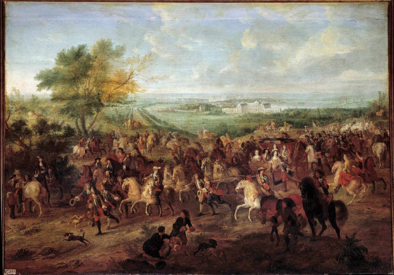 Séta XIV. Lajos király (1638-1715), Mária Terézia osztrák királynő, Dauphin Lajos és Dauphine kocsiján a versailles-i Clagny vára előtt Adam van der Meulen (1632-1690) festménye 1680 körül V. 1,4x1,9 alkotó: Adam Frans van der Meulen