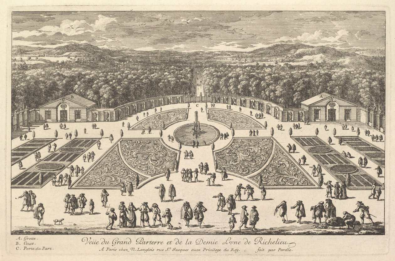 Kilátás a Grand Parterre és Richelieu félholdjára, 17. század. alkotó: Adam Perelle