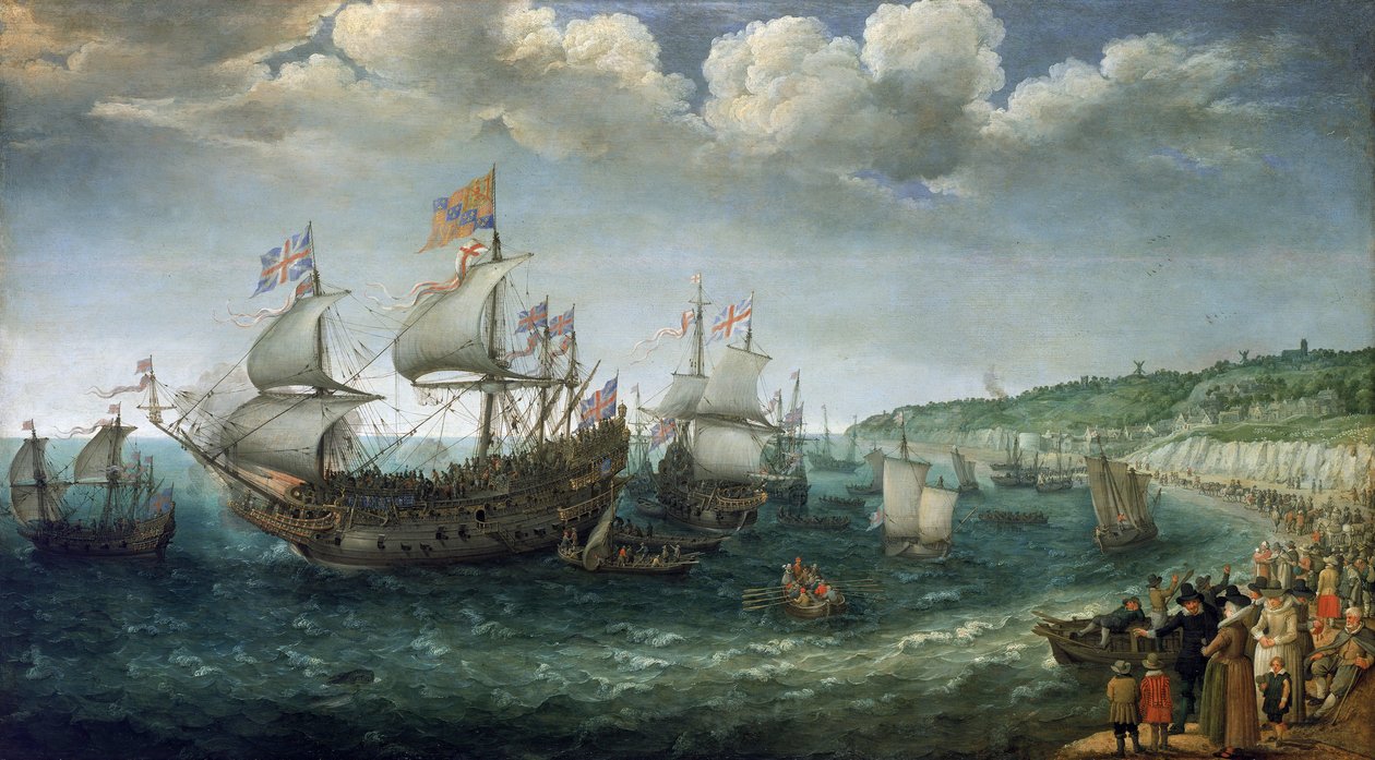 I. Wittelsbachi Frigyes (1596-1632), pfalzi választófejedelem (aki később cseh király lesz) beszállása a "Prince Royal" hajóra Doverben (Anglia), április 25-én. alkotó: Adam Willaerts
