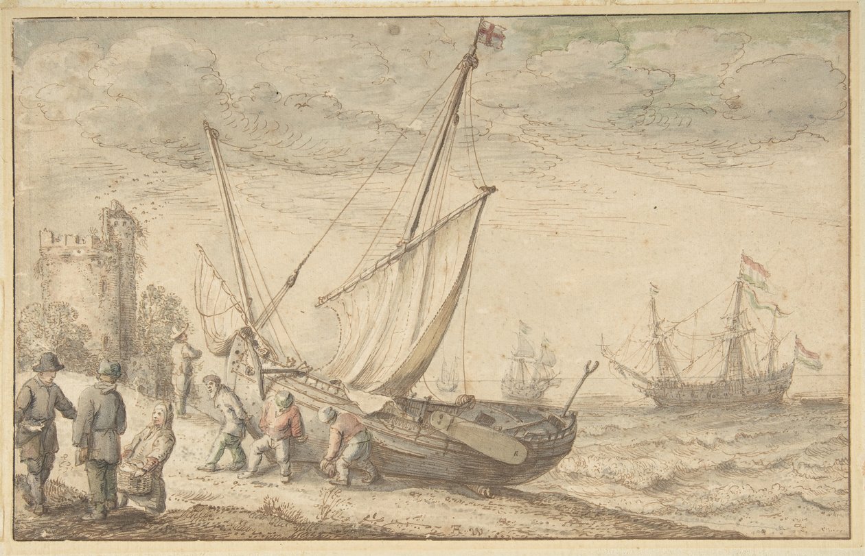 Fisherfolk csónakjukat a partra vonszolja, n.d. alkotó: Adam Willaerts