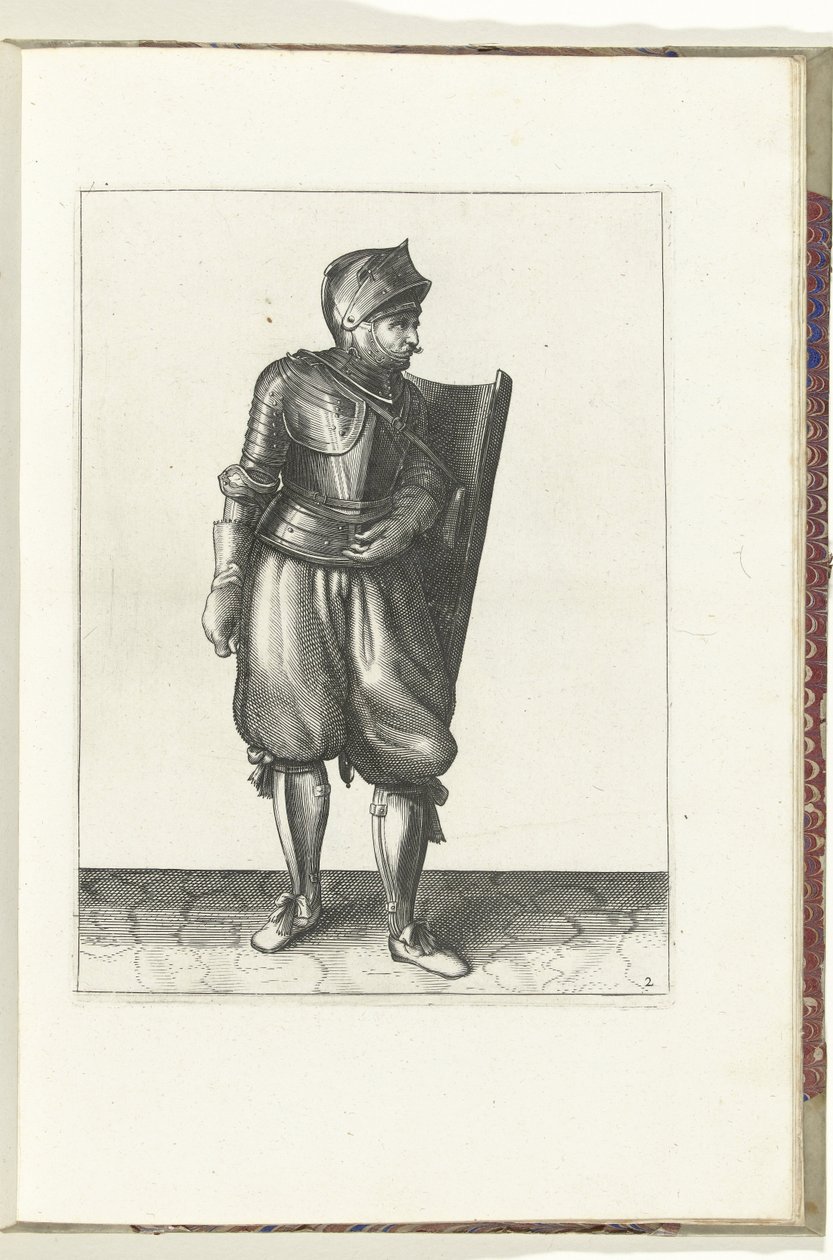 A gyakorlat a céltáblával és a karddal: a katona hátulról hozza a céltáblát a bal vállán át (2. sz.), 1618 A Nassausche Wapen-Handelinge, van Schilt, Kémek, Rappier és a célpont : figuerlick mellett ábrázolva, és az új rend szerint bekeretezve (... alkotó: Adam van Breen