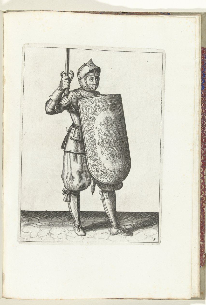A célpont és kardász gyakorlat: A katona az arcánál nem magasabbra tartja a megrajzolt kardászt (5. sz.), 1618 A Nassausche Wapen-Handelinge, van Schilt, Kémek, Rappier és a Célpont: Beyde Figuerlick ábrázolva, és az új sorrend szerint bekeretezve. alkotó: Adam van Breen
