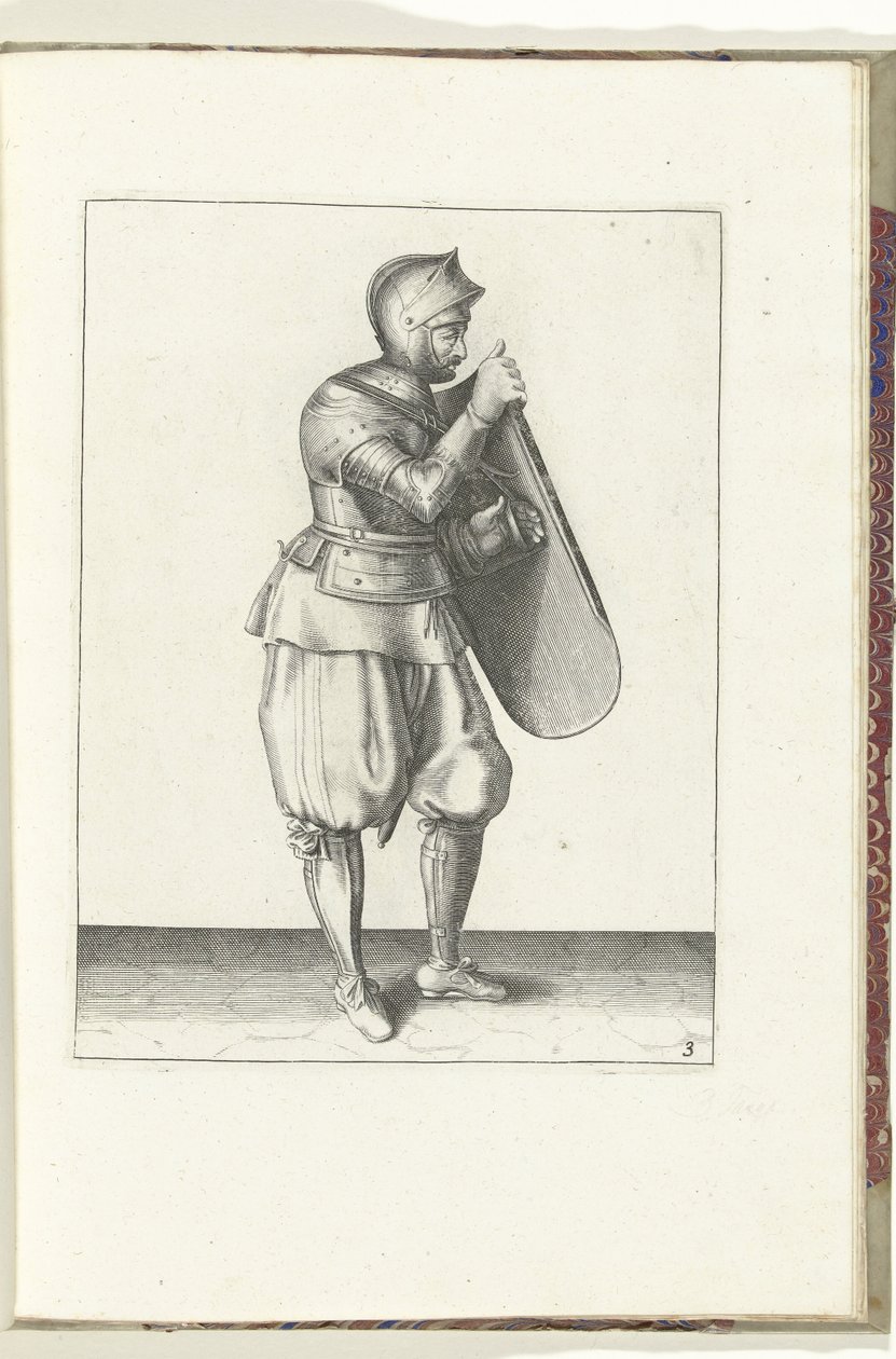 Gyakorlat a céltáblával és a karddal: a katona jobb kézzel tartja a céltáblát, bal kezével megragadja az övet (3. sz.), 1618 A Nassausche Wapen-Handelinge, van Schilt, Kémek, Rappier ende Targe : a figura ábrázolja, és a díszlet a alkotó: Adam van Breen