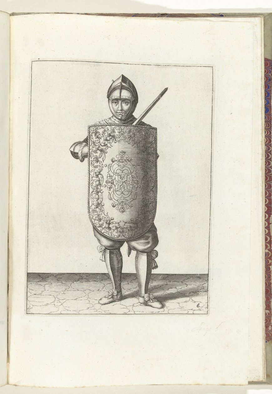 Fúró a céltáblával és a karddal: a katona a céltáblát a mellkasa elé, a kihúzott kardot a bal vállához tartja (6. sz.), 1618 A Nassausche Wapen-Handelinge, van Schilt, Kémek, Rappier és a Célpont: Beyde Figuerlick ábrázolva, ende keretezve alkotó: Adam van Breen