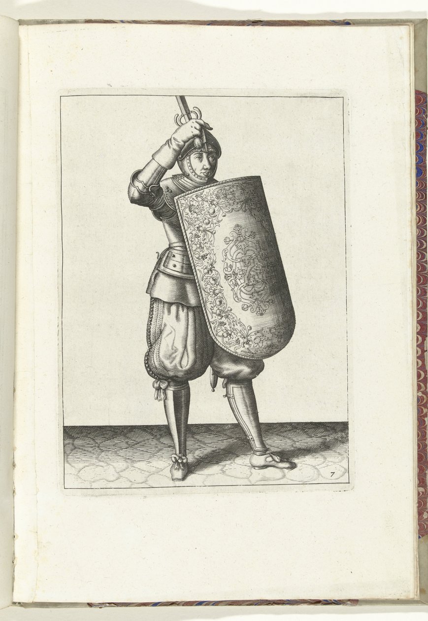A fúró a céltáblával és a karddal: hogyan zárja le a katona sisakjának védőszemüvegét a céltáblával és a kirajzolt karddal a kezében (7. sz.), 1618 A Nassausche Wapen-Handelinge, van Schilt, Kémek, Rappier és a célpont: Beyde figuerlick ábrázolva, és a alkotó: Adam van Breen
