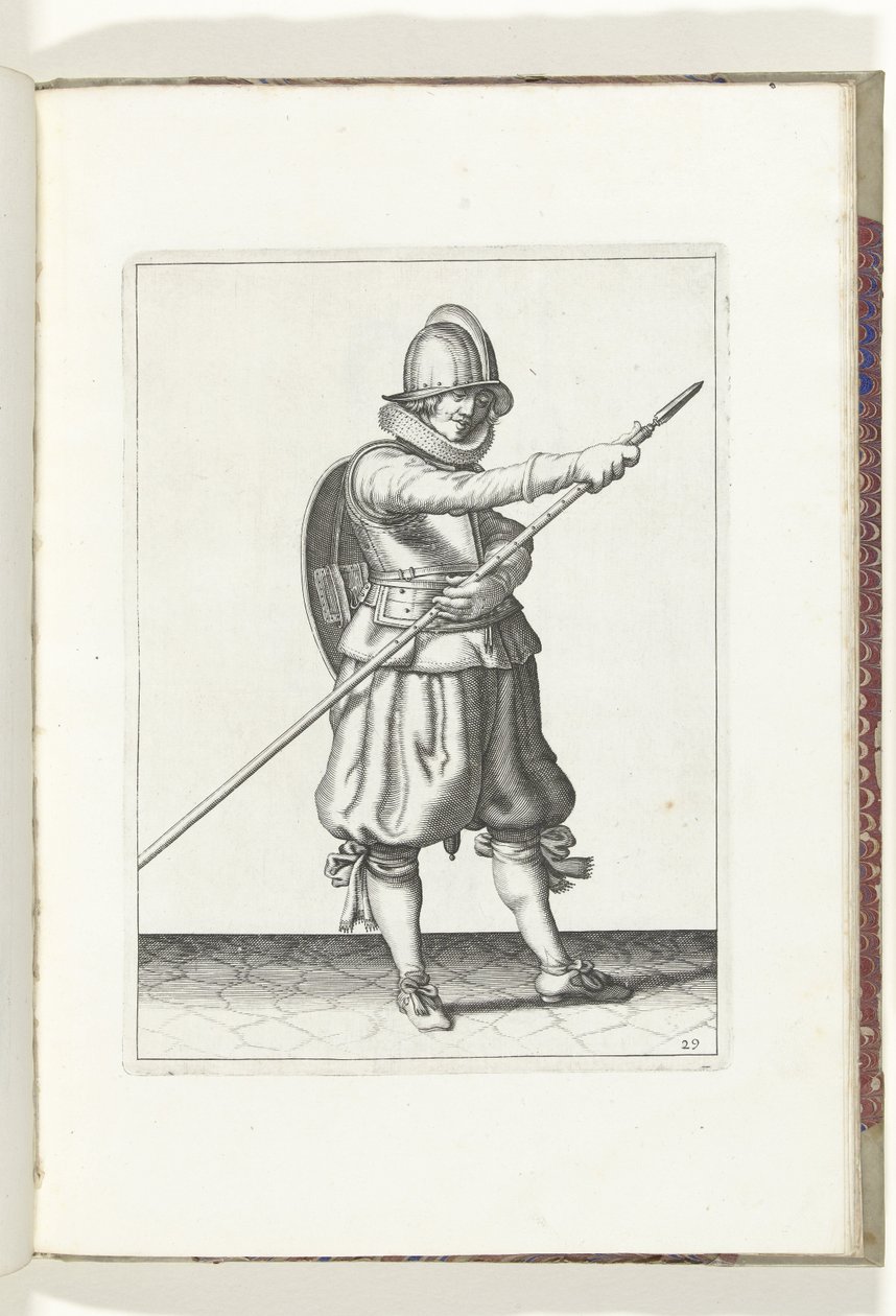A pajzs és tüske gyakorlat: A katona két kézzel áthelyezi a tüskét (29. sz.), 1618 A Nassausche Wapen-Handelinge, van Schilt, Kémek, Rappier ende Targe : a figura ábrázolja, és az új sorrend szerint [a] (...) Ma alkotó: Adam van Breen
