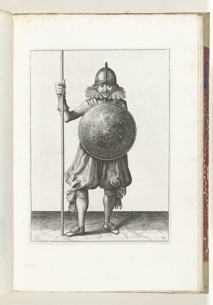 A gyakorlat pajzzsal és lándzsával: a katona háromszor visszateszi a lándzsát nyugalmi helyzetbe, harmadik mozdulat (12. sz.), 1618 A Nassausche Wapen-Handelinge, van Schilt, Kémek, Rappier és a Célpont: Beyde Figuerlick ábrázolva, ende keretezve alkotó: Adam van Breen