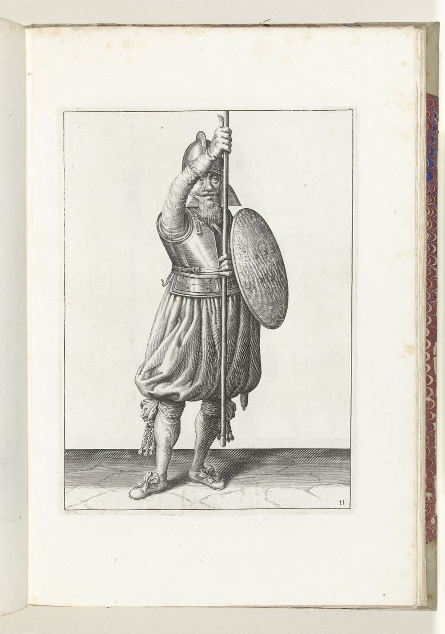 A gyakorlat pajzzsal és lándzsával: a katona háromszor visszateszi a lándzsát nyugalmi helyzetbe, második mozdulat (11. sz.), 1618 A Nassausche Wapen-Handelinge, van Schilt, Kémek, Rappier és a célpont: Beyde Figuerlick ábrázolva, a bekeretezett pedig a alkotó: Adam van Breen
