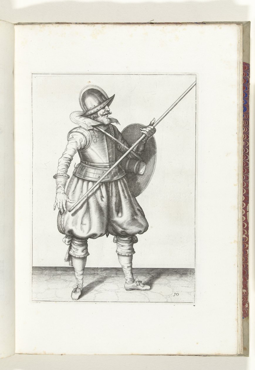 A gyakorlat pajzzsal és lándzsával: a katona háromszor helyezi vissza a lándzsát nyugalmi helyzetbe, első mozdulat (10. sz.), 1618 A Nassausche Wapen-Handelinge, van Schilt, Kémek, Rappier és a célpont: Beyde Figuerlick ábrázolva, a bekeretezett pedig a alkotó: Adam van Breen