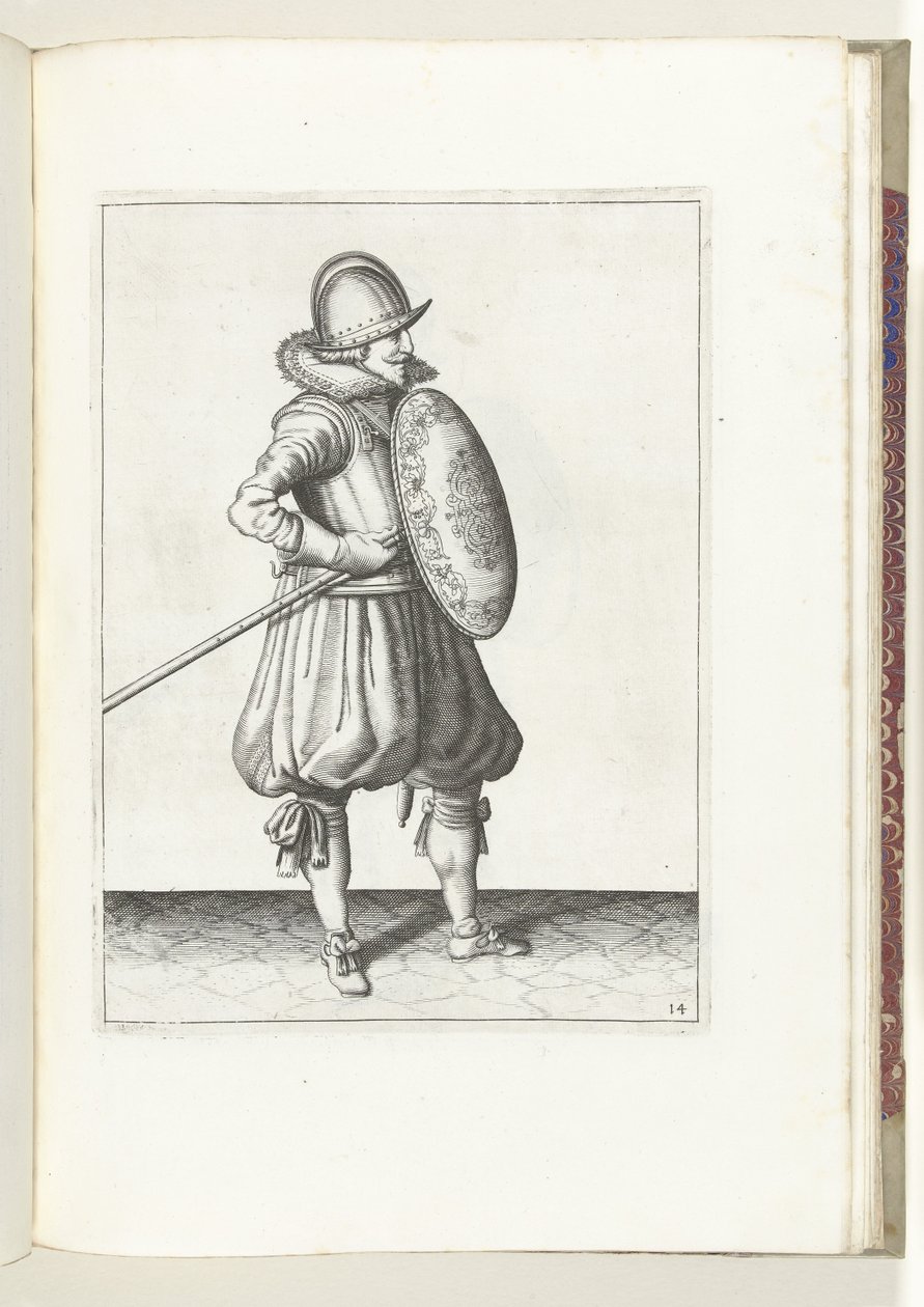 A gyakorlat pajzzsal és lándzsával: a katona két alkalommal hozza a lándzsát vontatási helyzetbe, második mozdulat (14. sz.), 1618 A Nassausche Wapen-Handelinge, van Schilt, Kémek, Rappier ende Targe : a figura ábrázolja, és az új után pózol alkotó: Adam van Breen