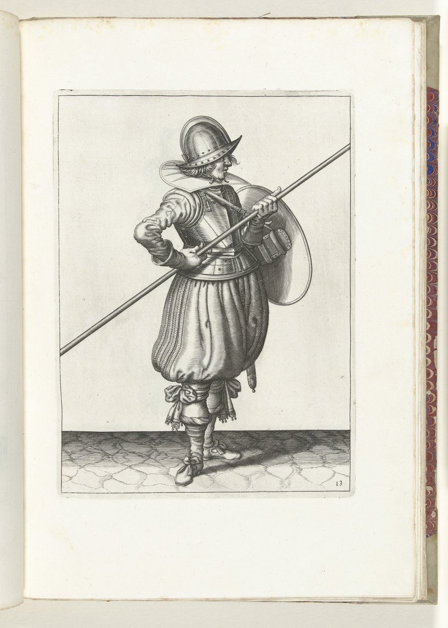 A pajzs és tüske gyakorlat: A katona két alkalommal húzó helyzetbe hozza a tüskét, első mozdulat (13.), 1618 A Nassausche Wapen-Handelinge, van Schilt, Kémek, Rappier és a Célpont: Beyde Figuerlick ábrázolva, ende az új után keretezve alkotó: Adam van Breen