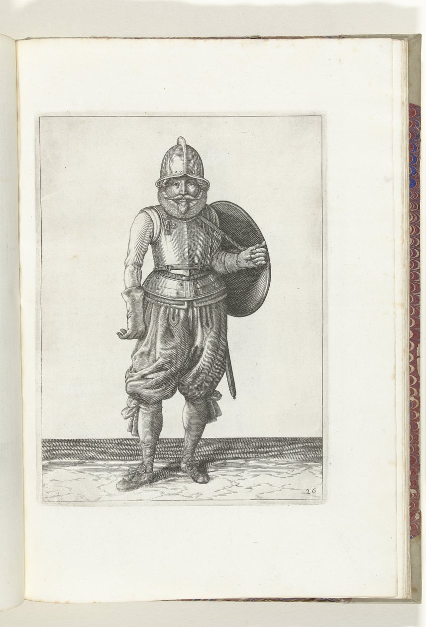 Gyakorlat pajzzsal és lándzsával: a katona bal karjával visszahozza a pajzsot a hátára (26. sz.), 1618 A Nassausche Wapen-Handelinge, van Schilt, Kémek, Rappier ende Targe : a figura ábrázolja, és az új sorrend szerint [of] (.. alkotó: Adam van Breen