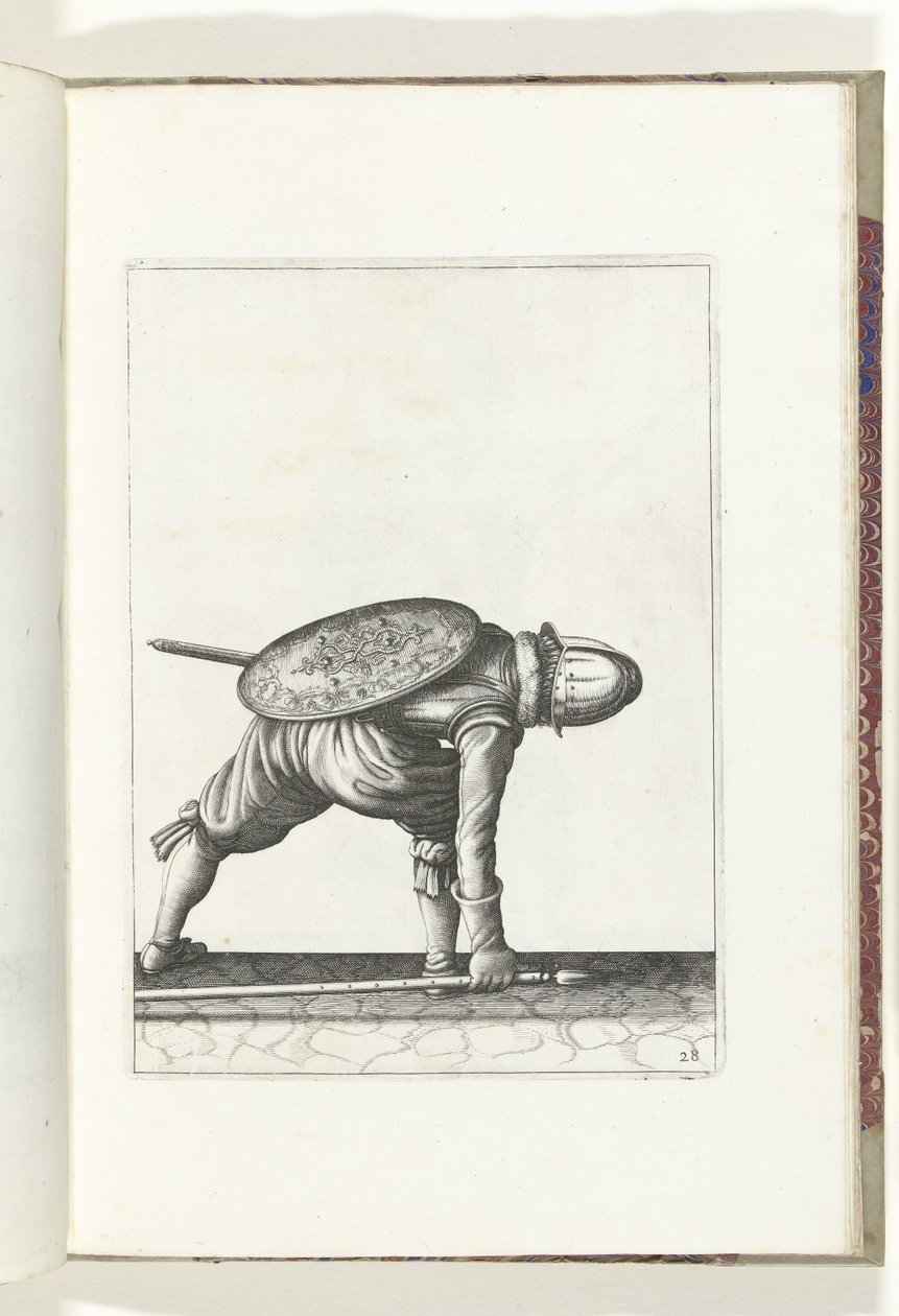 A pajzs és tüske gyakorlat: A katona lehajol, hogy felvegye a tüskét (28.), 1618 A Nassausche Wapen-Handelinge, van Schilt, Kémek, Rappier és a célpont: beyde figuerlick ábrázolva, és az új rend szerint bekeretezve [a] (...) Maurits van Nassau (t alkotó: Adam van Breen