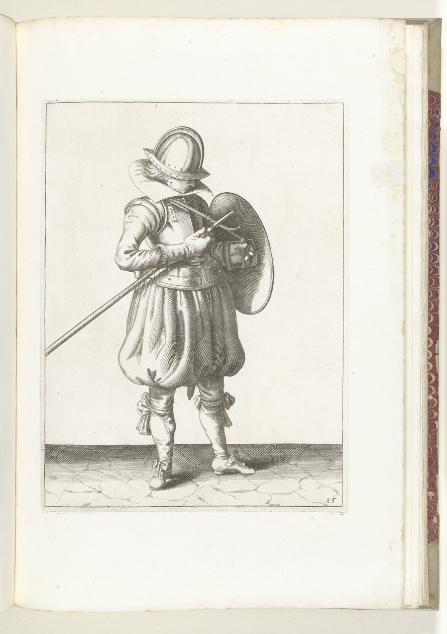 A pajzs és tüske gyakorlat: A katona testéhez közel tartja a tüskét és a pajzsot (15. sz.), 1618 A Nassausche Wapen-Handelinge, van Schilt, Kémek, Rappier és a célpont : figuerlick beyde ábrázolva, és az új rend szerint bekeretezve [of] (...) Maurit alkotó: Adam van Breen