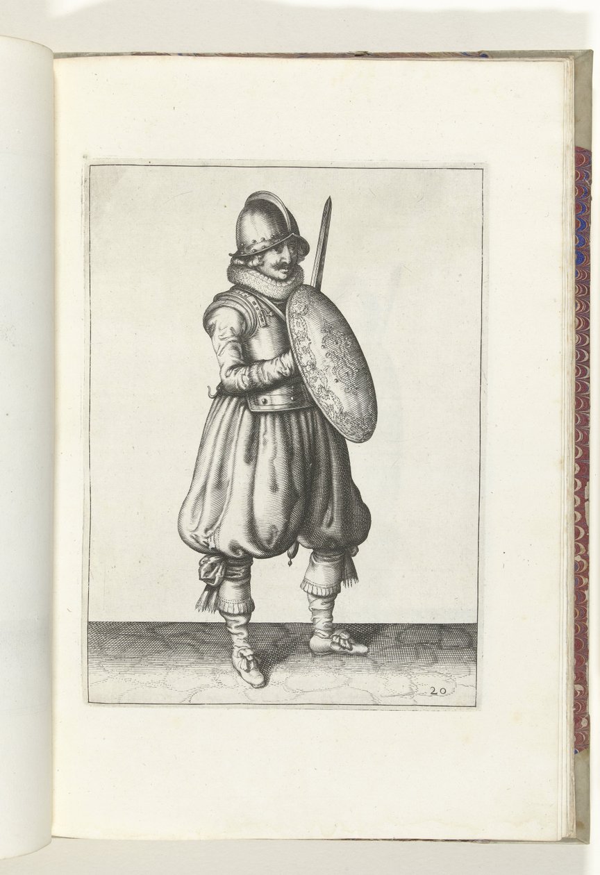 A pajzs és tüske gyakorlat: A katona figyelemre méltó fegyverével és pajzsával a láda előtt (20. sz.), 1618 De Nassausche Wapen-Handelinge, van Schilt, Kémek, Rappier és a célpont: beyde figuerlick ábrázolva, az új sorrend szerint keretezve (. alkotó: Adam van Breen