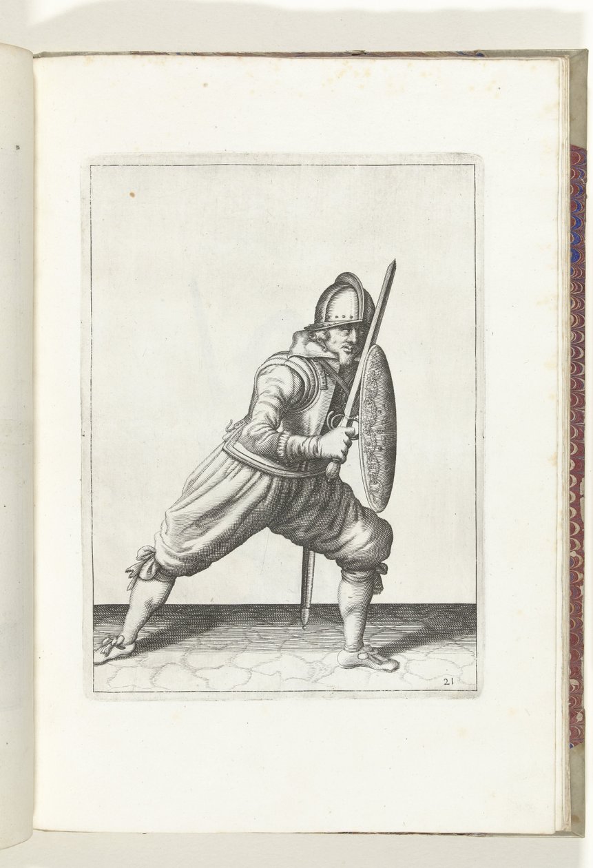 A pajzs és tüske gyakorlat: A katona védekező pozícióban, egyik lábával elöl, karddal és pajzsával a térdén a test előtt (21. sz.), 1618 The Nassausche Wapen-Handinge, van Schilt, Spies, Rappier andde Targe: beyde figuerli alkotó: Adam van Breen