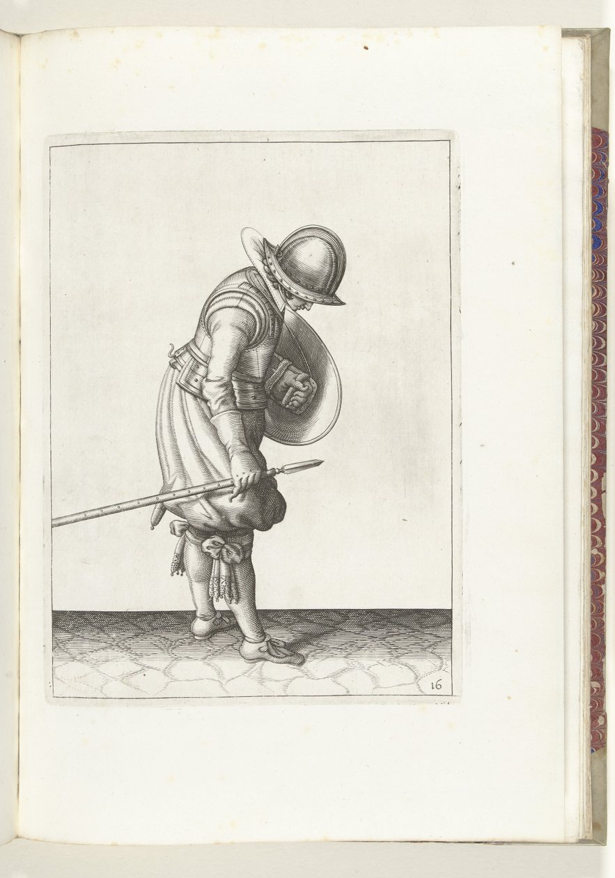A pajzs és tüske gyakorlat: A katona a földre teszi a tüskét a jobb lába mellé (16. sz.), 1618 A Nassausche Wapen-Handelinge, van Schilt, Kémek, Rappier és a célpont : Beyde Figuerlick ábrázolva, és az új sorrend szerint bekeretezve [a] (...) M alkotó: Adam van Breen
