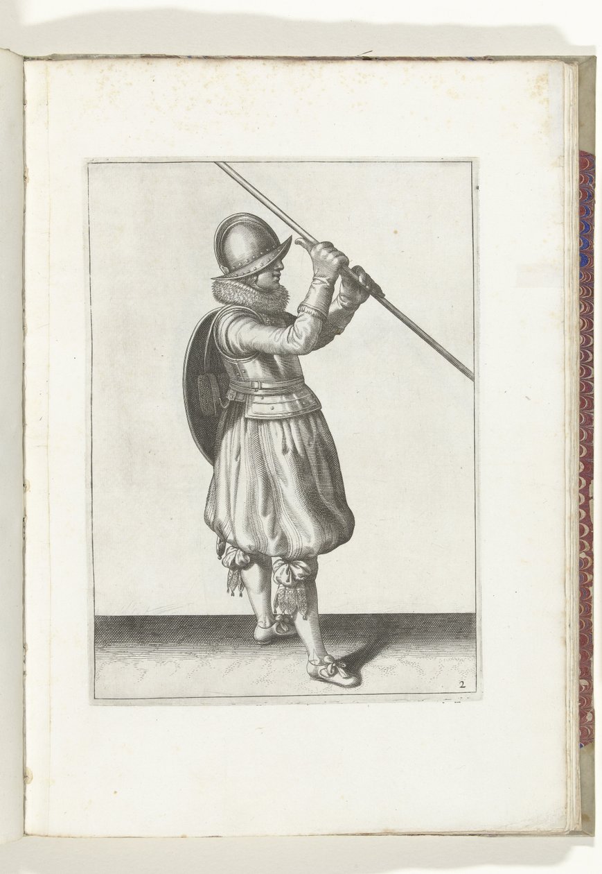 A pajzs és tüske gyakorlat: A katona mindkét kezében a tüskével és a pajzzsal a hátán (2. sz.), 1618 A Nassausche Wapen-Handelinge, van Schilt, Kémek, Rappier és a célpont : beyde figuerlick ábrázolva, és az új rend szerint bekeretezett [va alkotó: Adam van Breen