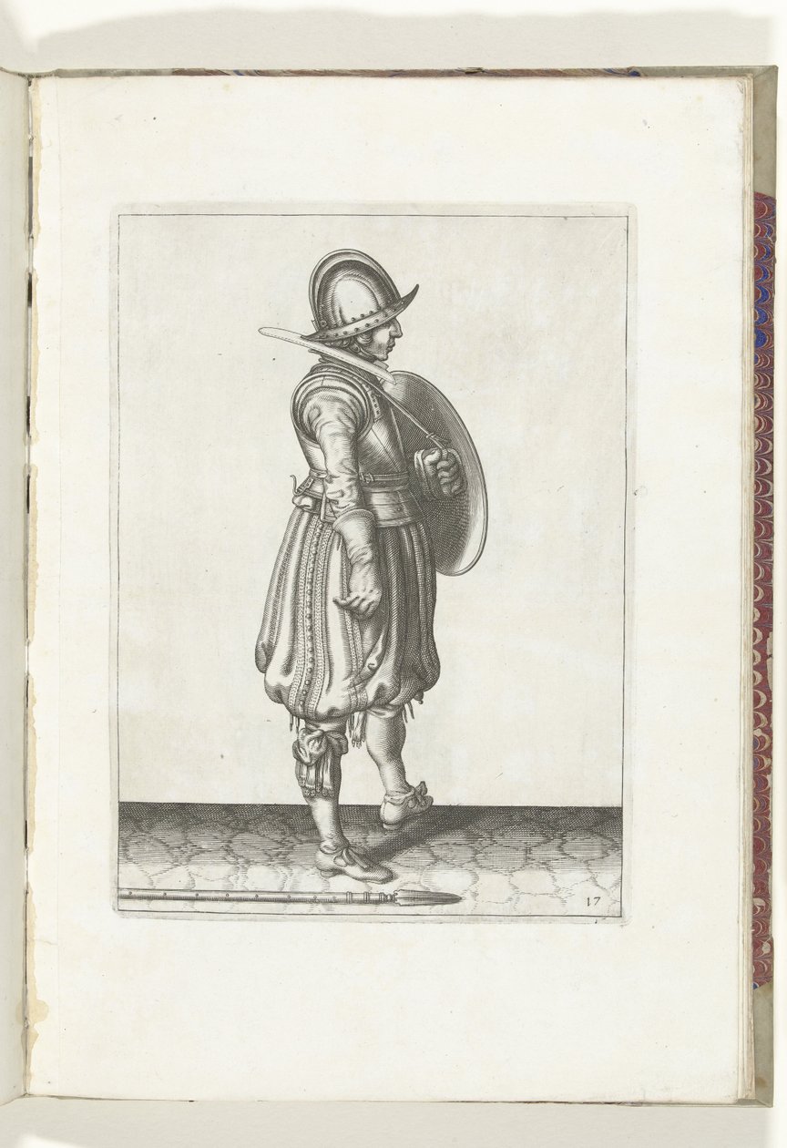 A pajzs és tüske gyakorlat: A katona a pajzzsal készen és a tüskés a földön a jobb lába mellett (17. sz.), 1618 A Nassausche Wapen-Handelinge, van Schilt, Kémek, Rappier és a Célpont: Beyde Figuerlick ábrázolva, ende az új után keretezve alkotó: Adam van Breen